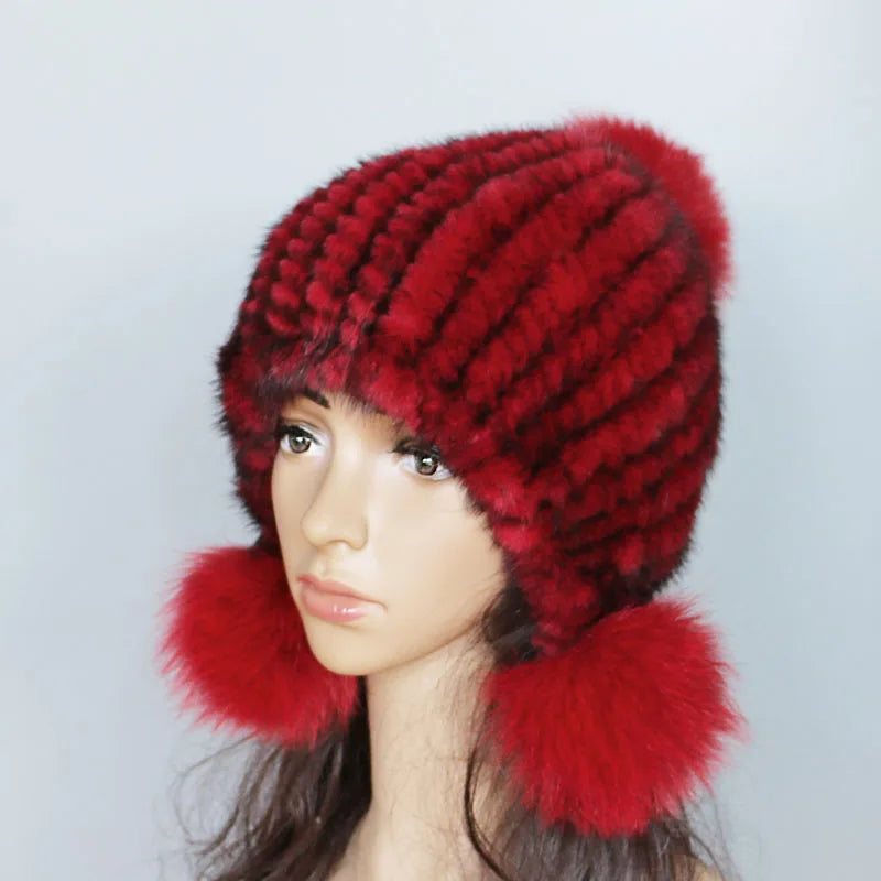Fashion Women Real mink hat Winter warm mink fur knit hats Women fox fur ball cap
