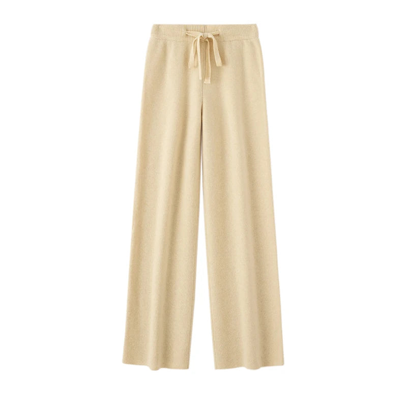 Autumn Winter Fashion Basic Women 100% Merino Wool Wide Leg Pants Simple Style Cashmere Knitted Trousers Loose Casual Pants