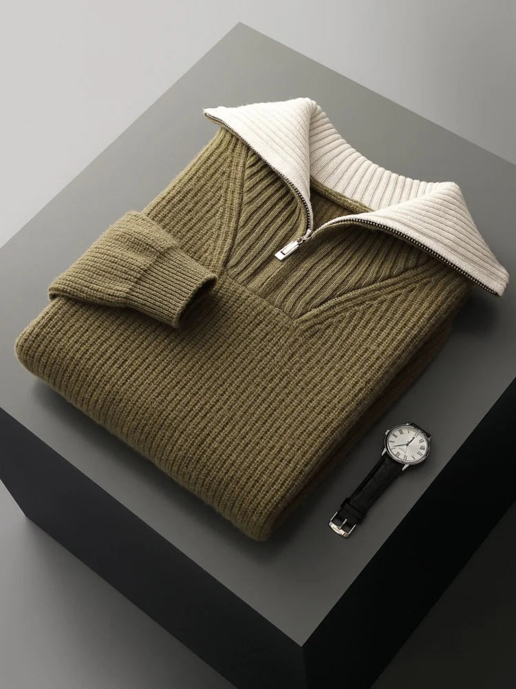 High Quality Men 100% Wool Sweater Turn Down Collar Zippers Pullover 2025 Autumn/Winter Thickened Soft Warm Knitwear Jumper Tops