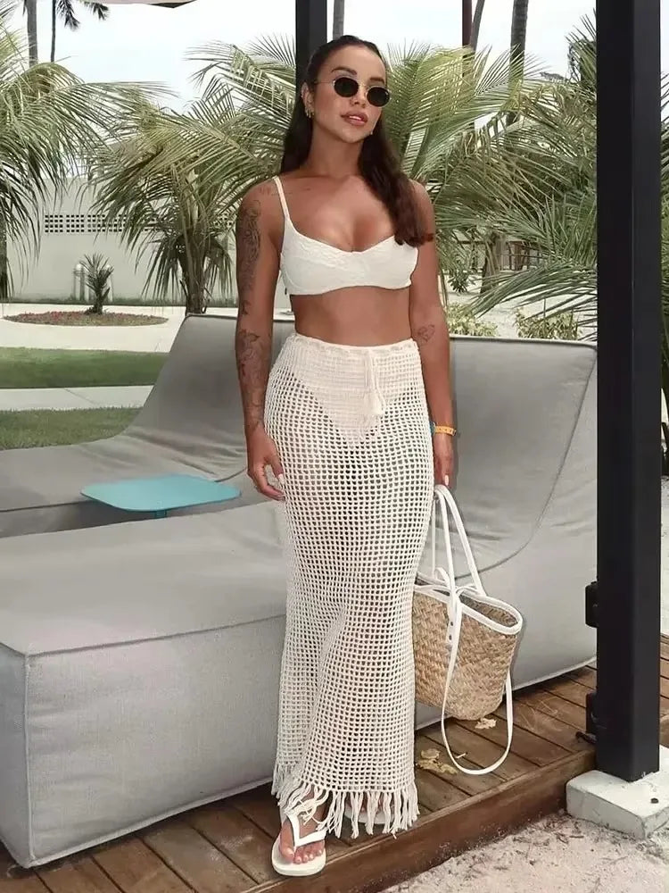 Sexy Summer Knit Cut Out Beach Half Skirt Women Chic Drawstring Fringed Casual Wrap Skirts 2026 Pool Party Swimwear Cover Up K50