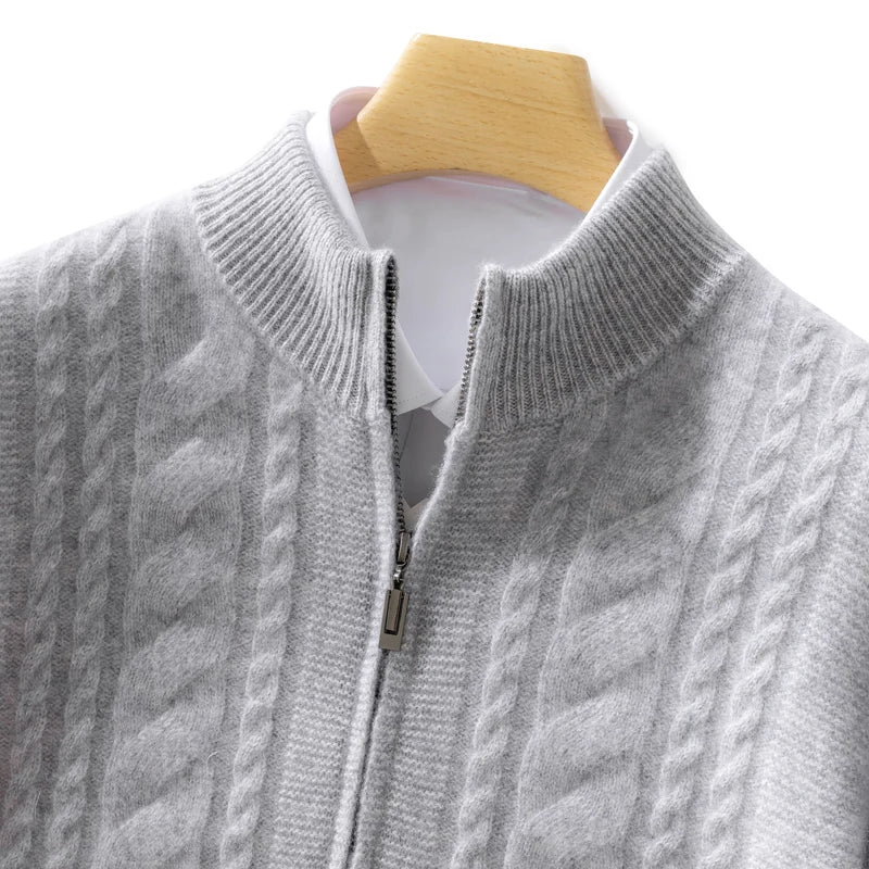 High Quality Men Mock Collar Twisted Cardigan Autumn Winter Thick Zipper 100% Merino Wool Sweater Casual Coat Cashmere Knitwear