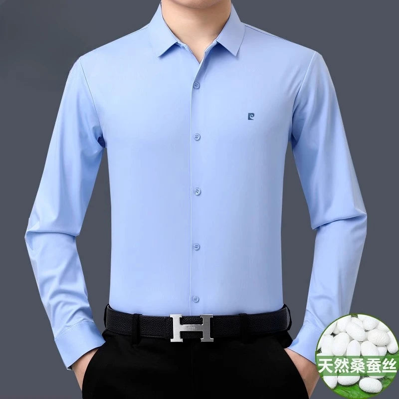 YOLANFAIRY 100% Mulberry Silk Long Sleeve Shirt Man Spring Autumn Casual Silk Mens Shirts Warm Male White Shirt chemises hommes