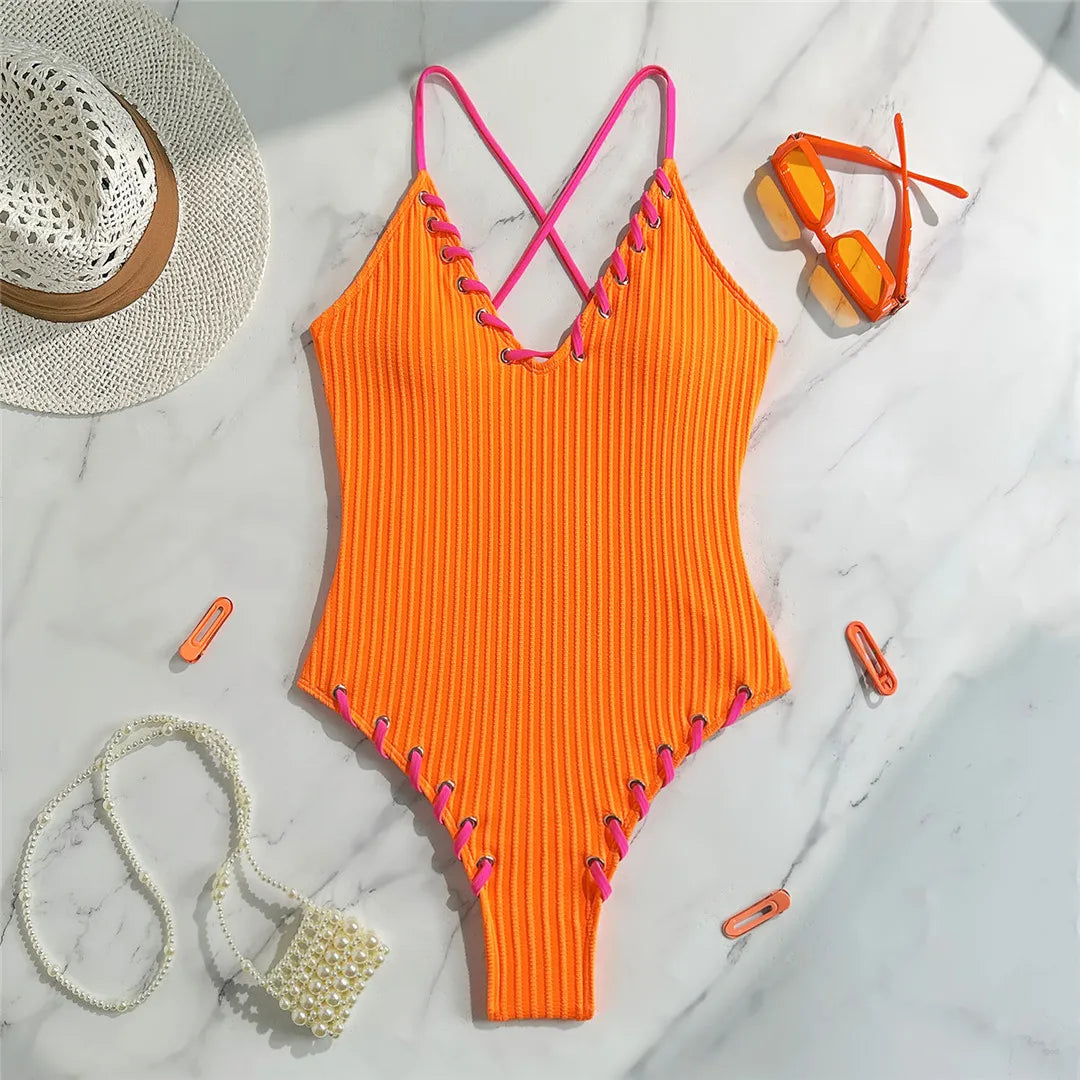 5 Colors V Neck Ribbed Cross Back One Piece Swimsuit Women Swimwear Female High Leg Cut Monokini Bather Bathing Suit Swim V6278