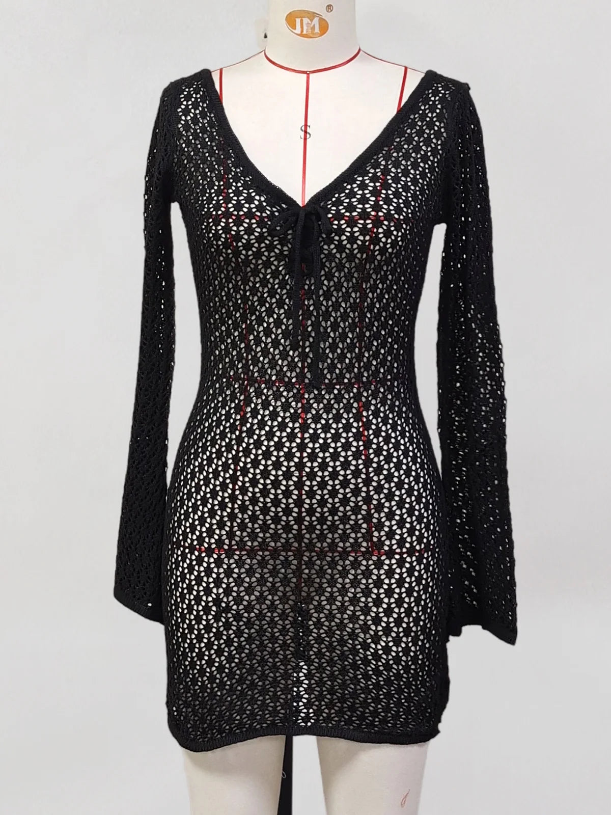 V Neck Long Sleeve Hollow Out Crochet Knitted Tunic Beach Cover Up Cover-ups Beach Dress Beach Wear Beachwear Female Women V6081