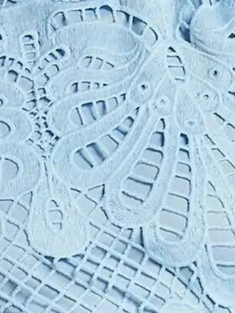DEAT Fashion White Stand Collar Lantern Long Sleeve Water-soluble Lace Dress A-line Ruffle Hollow Party Mini Dresses Summer New