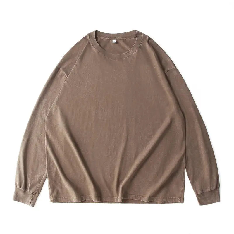 Custom Logo DIY Brand 100% Cotton Retro Washed Cotton Long Sleeve T-Shirts For Men Unisex Oversized Loose Crew Neck Streetwears