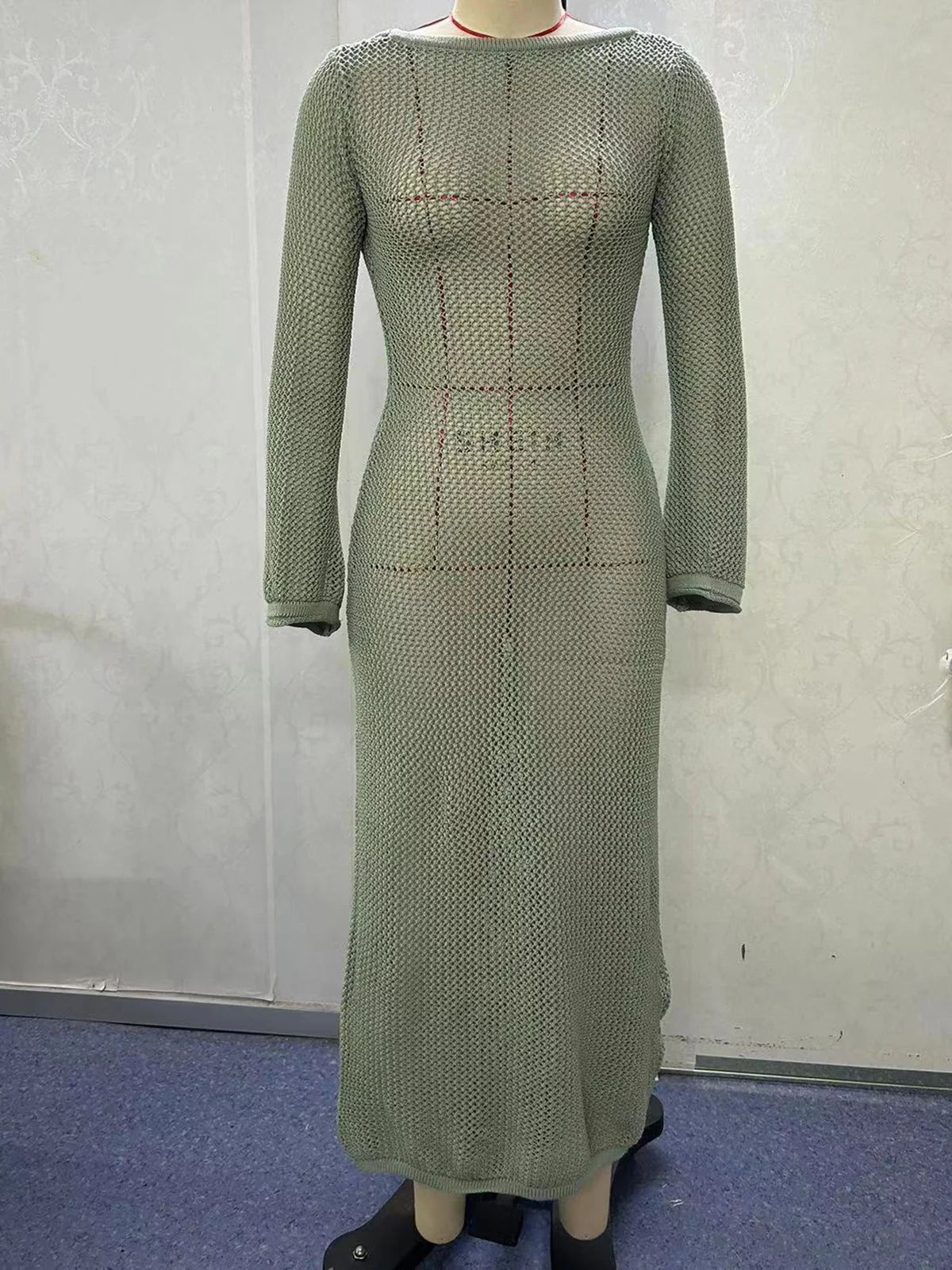 Sexy Long Sleeve Hollow Out Crochet Knitted Tunic Beach Cover Up Cover-ups Beach Dress Beach Wear Beachwear Female Women V5319