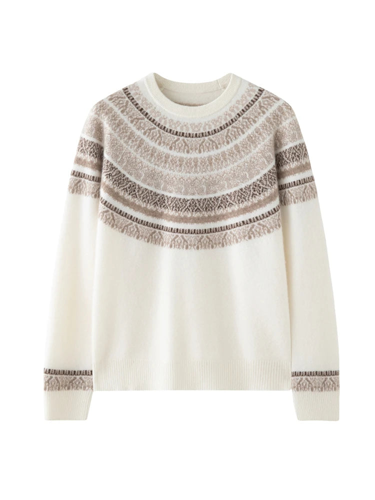 CHICUU Women Autumn Winter O-neck Vintage Style Pullover Sweater 100% Cashmere Knitwear Thick Warm Jacquard Knitting Sweater Top