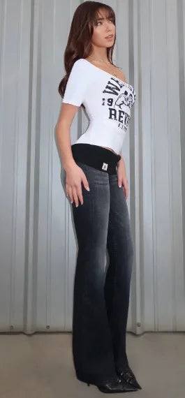 DEAT Fashion Fold Over Waist Flare Jeans Women's Low Waist Slim Light Blue Denim Pants Summer New