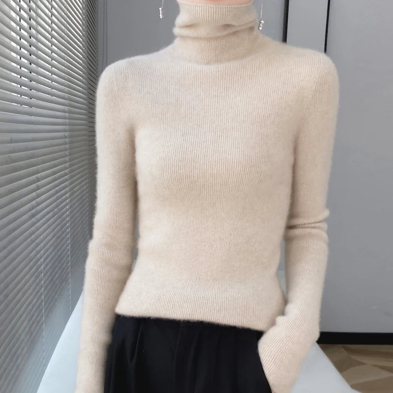 100% Merino Wool Long-sleeved Turtleneck Pullover Women's Autumn Winter Slim Sweater Basic Women's Clothes Cashmere Sweater