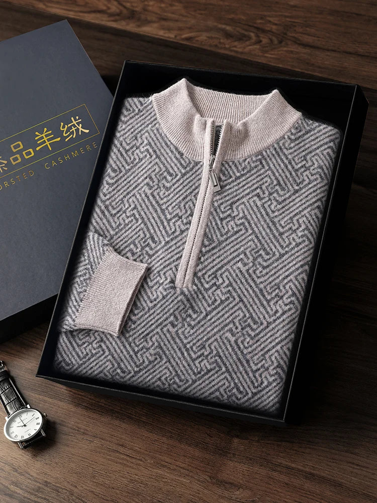 Men's 100% Merino Wool Jacquard Sweater Mock Collar Half Zip Thick Pullover Autumn Winter Cashmere Knitwear Long Sleeved Top