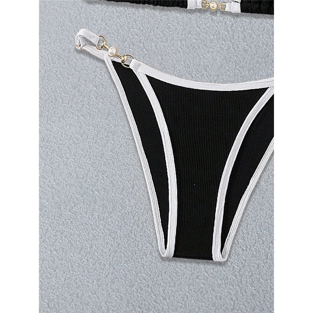 Black White Pearls High Cut Bikini Female Swimsuit Women Swimwear Two-pieces Bikini set Ribbed Bather Bathing Suit Swim V6315