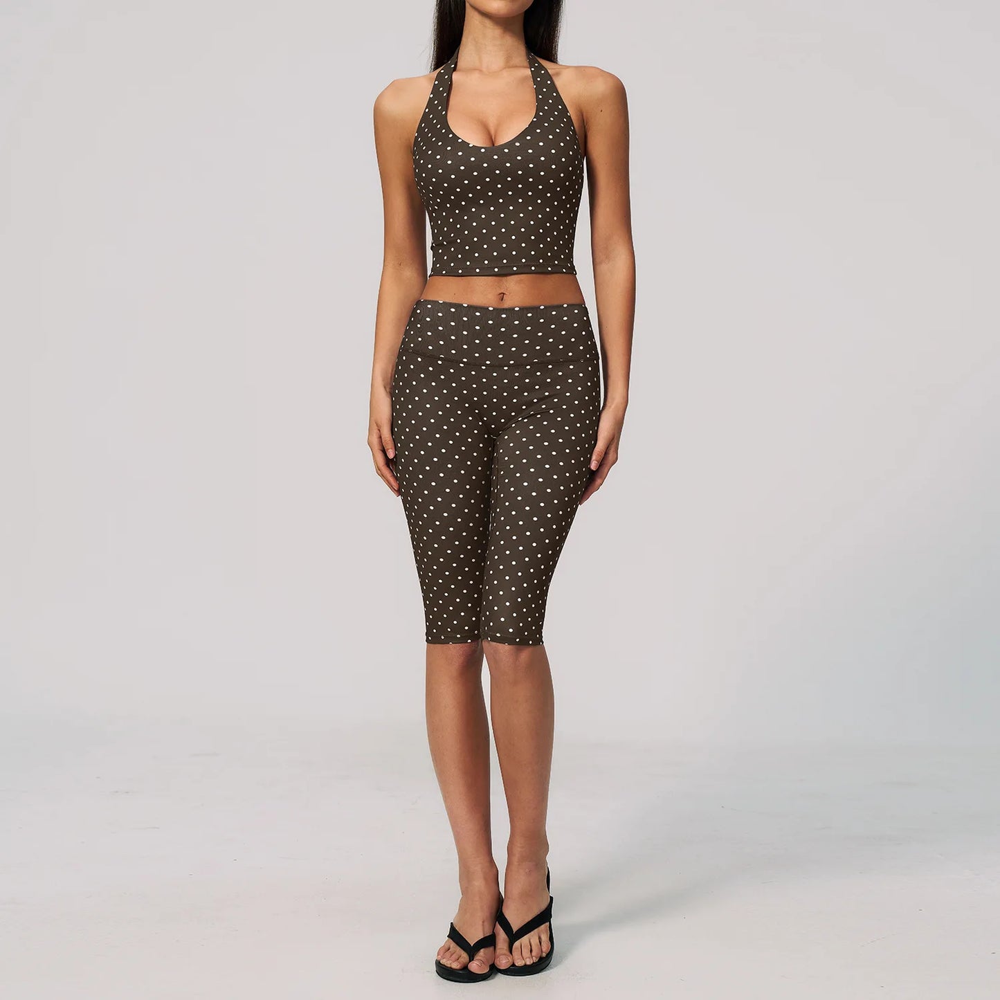 Custom LOGO women's new yoga clothes polka dot printing deep V high elastic three-dimensional fitness two-piece set