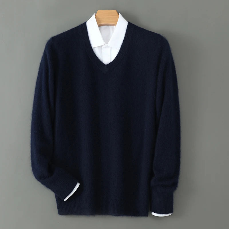 100% Pure Mink Cashmere Sweater Men's V-Neck Pullovers Knit Large Size Mink Sweater Winter New Long Sleeve High-End Jumpers Tops
