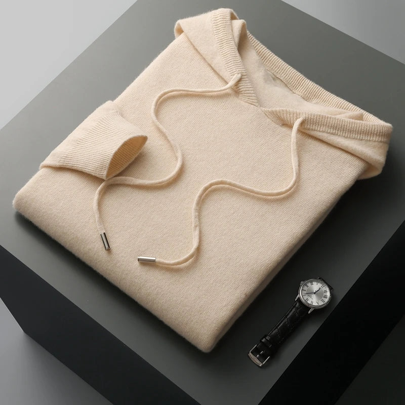 Men's 100% Merino Wool Sweater Hooded Collar Knitted Pullover Cashmere Sweatshirt Autumn Winter Casual Large Tops Long Sleeved