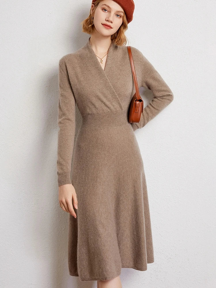 CHICUU Women 100% Cashmere Dresses V-neck Waist Cinching Dresses Autumn Winter Office Lady Grace Luxury Cashmere Knitwear