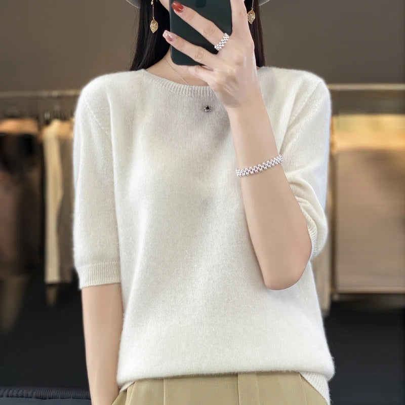 100% Merino wool women's O neck knitted T-shirt Korean pullover short sleeve sweater women's basic solid color half sleeve women