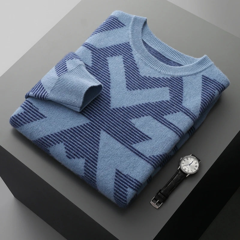 Men's Autumn Winter New 100% Cashmere O-Neck Sweater Fashion Knitted Jacquard Pullover Top Color blocked Thickened Men's Wear