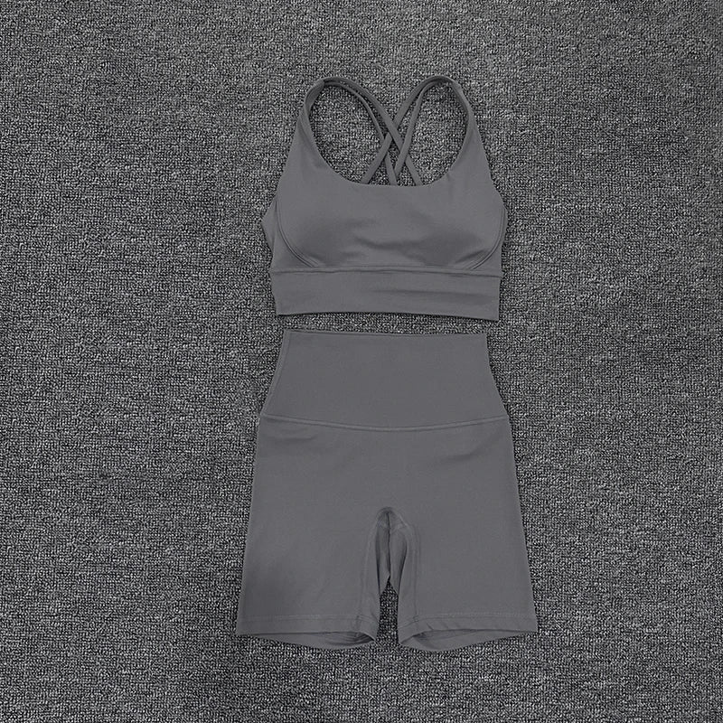 SOISOU Nylon Gym Yoga Set Women's Tracksuit Cycling Shorts Set Tight Elastic Short Chest Pad Removable Bra Womens Clothing