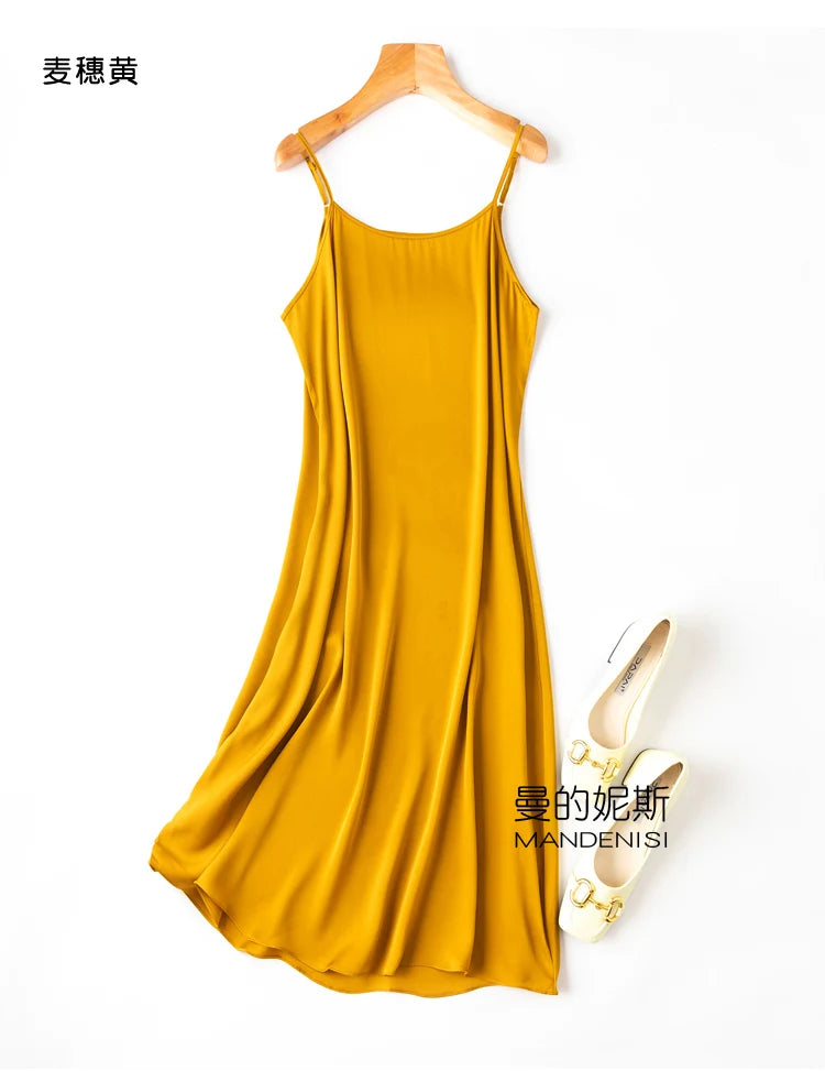 YOLANFAIRY 19momme 93% Mulberry Silk Spaghetti Strap Dress for Women Elegant Mid-length Sexy Real Silk Summer Dresses Woman 원피스