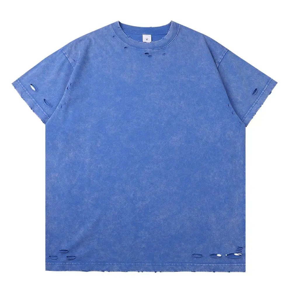 DIY Custom LOGO DIY 300gsm Heavy Thick Ripped Holes Short Sleeves T-shirt Solid Color Oversized Casual Summer Harakuju Tees