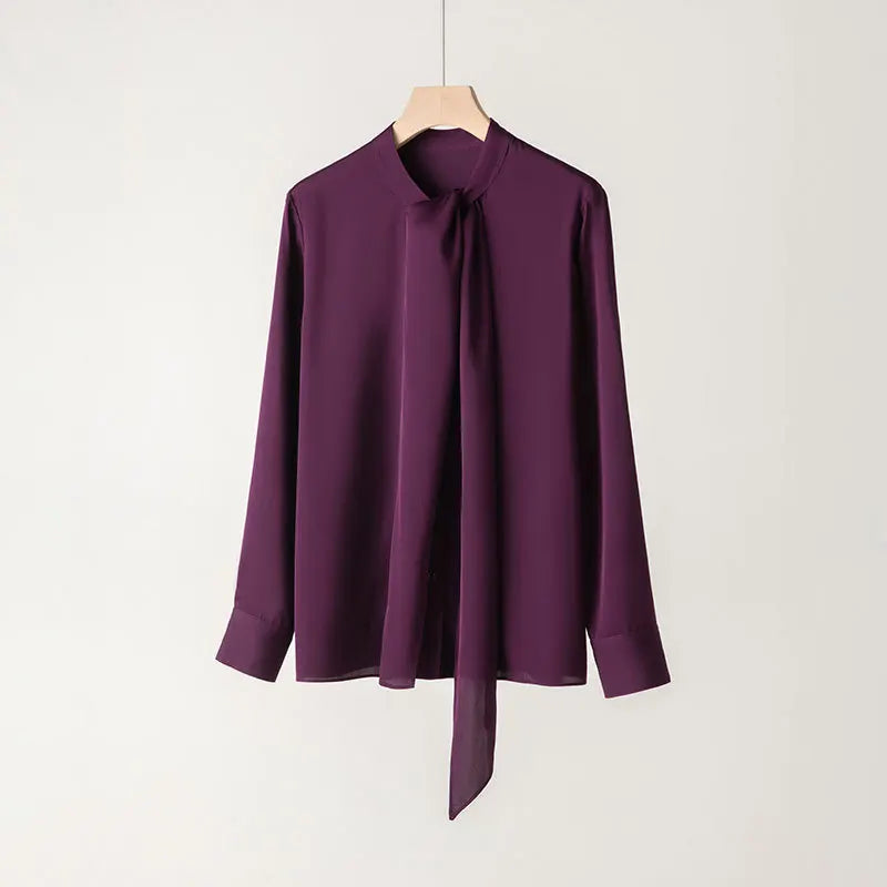 YOLANFAIRY 93% Real Mulberry Silk Shirts for Women Spring 2026 Elegant Solid Long Sleeve Shirt Woman Top Ribbon OL Blouses Trend