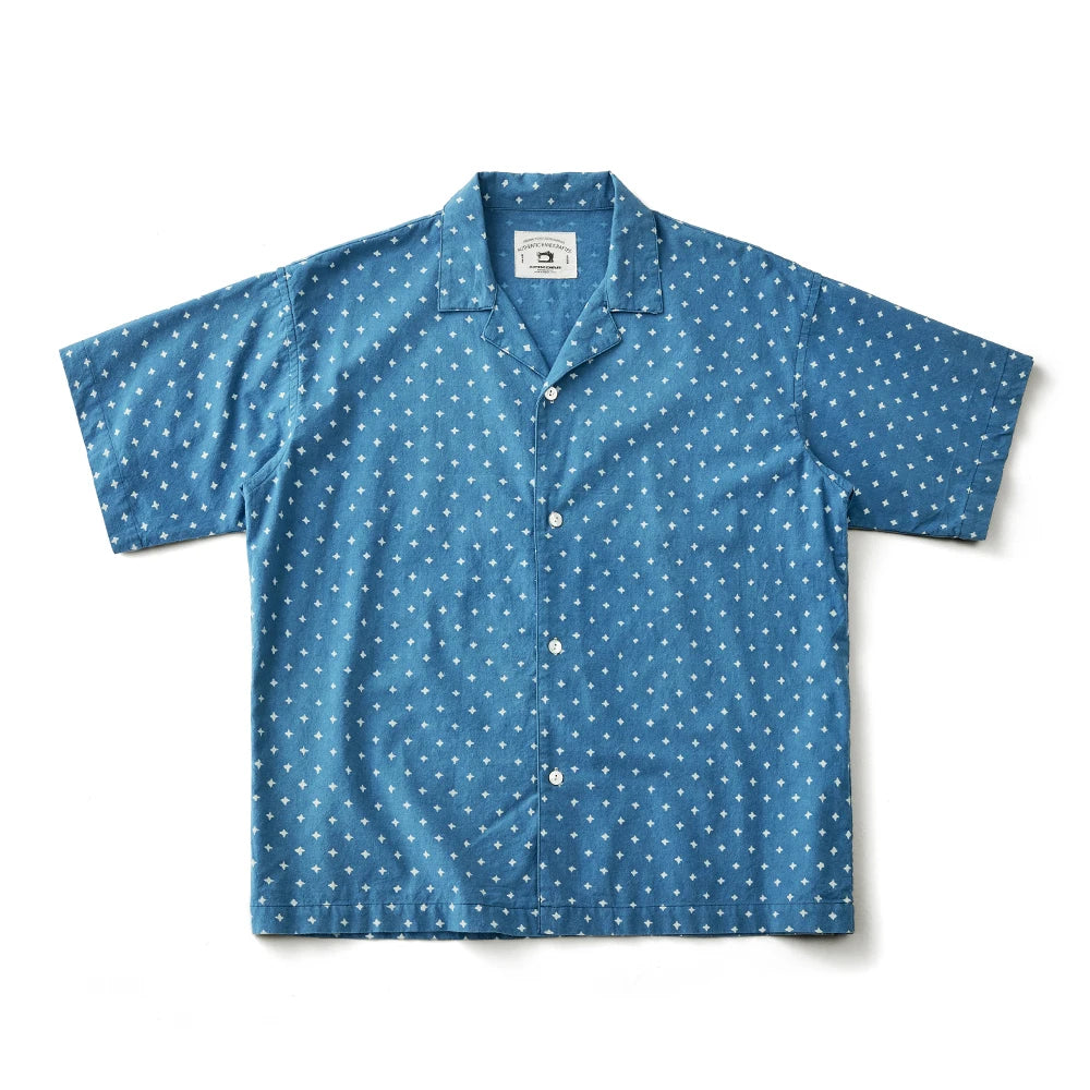 Vintage Indigo Print Shirt Men Summer New Blue Dyed Cuban Lapel Short Sleeve Single Breasted Shirt Cotton Casual Cardigan Tops