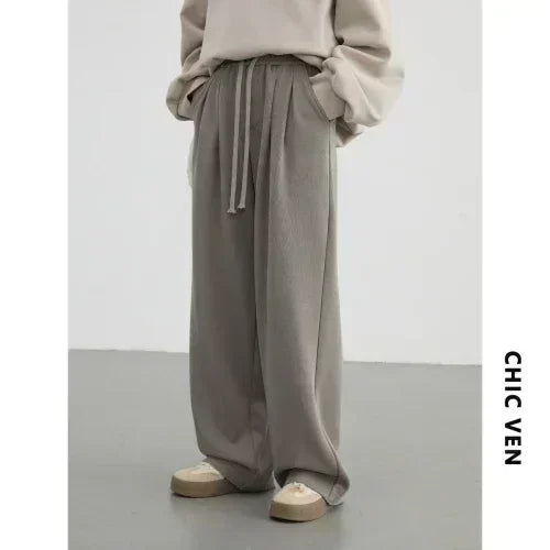 CHIC VEN Women's Pant Streetwear Solid Loose New Drawstring Sports Casual Trousers High Waisted Pants Autumn Winter 2025