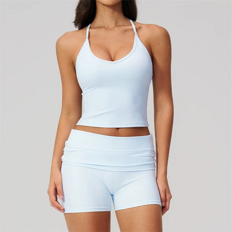 TRY TO BN Two Pieces Women's Tracksuit Vest Sling Top Set Fold-over Waist Yoga Shorts Hip Lifting Running Fitness Gym Activewear