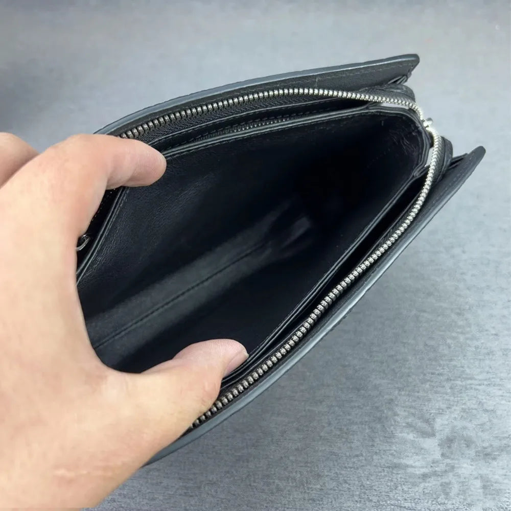 Authentic Sand Polish Stingray Skin Business Zip Lock Wristlet Clutch, Genuine Exotic Leather Black Card Purse for Men