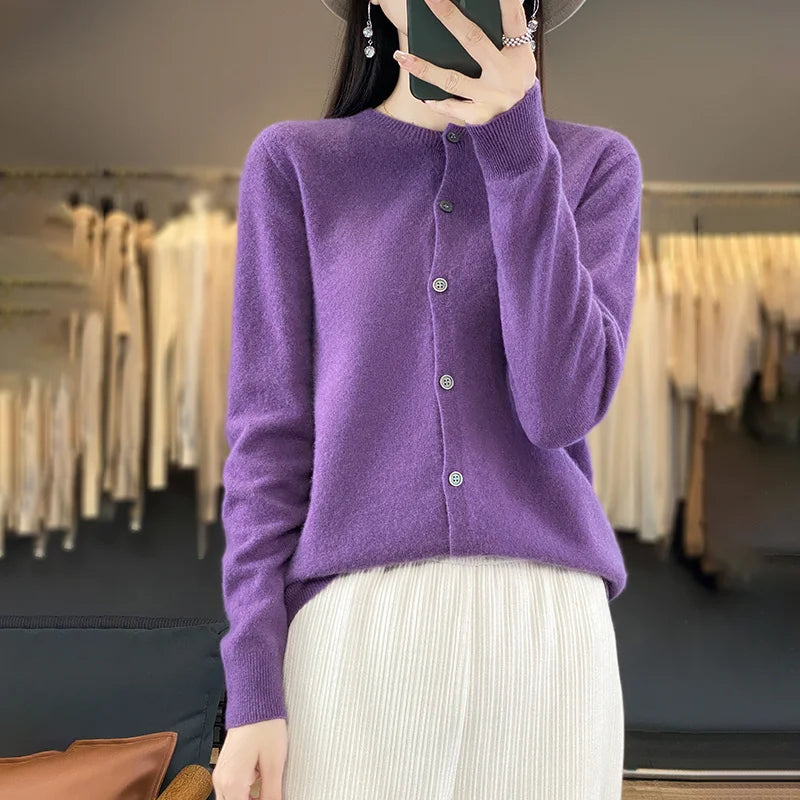 100% Merino Wool Sweater Women O-Neck Cardigan Basic Style Buttoned Knitwear Female Casual Autumn Winter Soft Tops