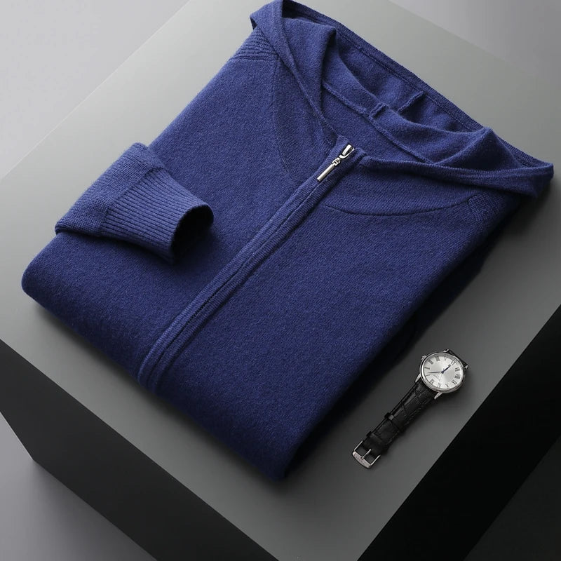Autumn/Winter Men Sweater Suit Hooded Zipper Pullover Pants Thick Warm Casual Clothing 100% Cashmere Knitwear Trousers Tops