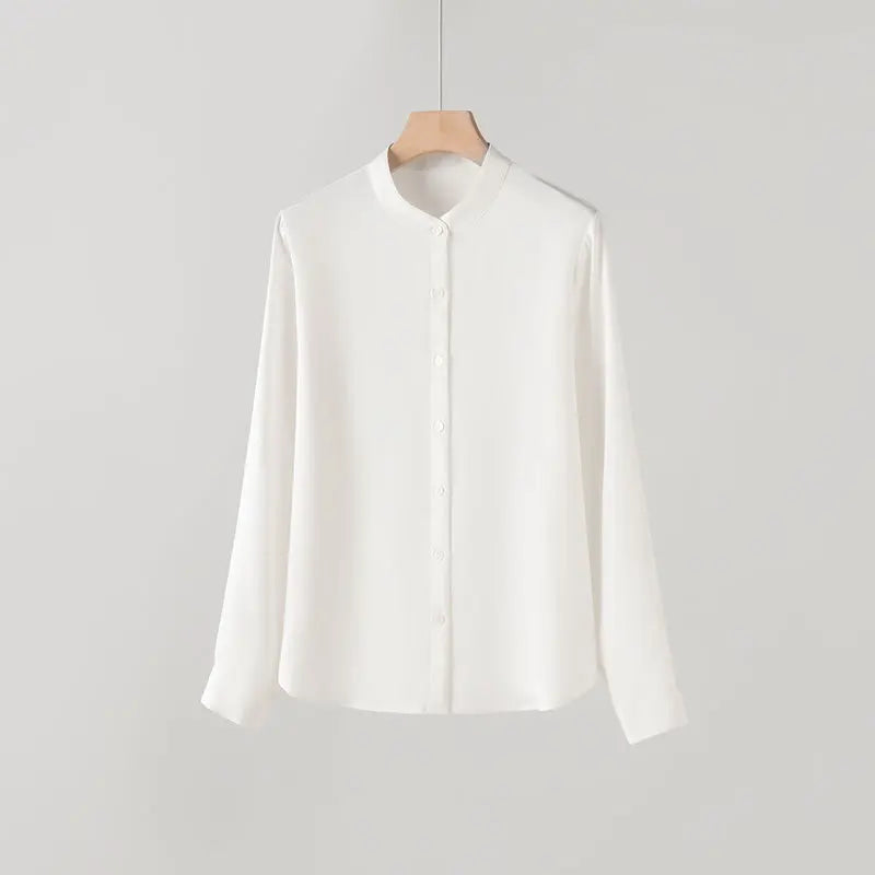 YOLANFAIRY 93% Natural Mulberry Silk Shirts Woman 2026 Stand Collar Long Sleeve Blouse Women Elegant White Shirt OL Ladies Tops