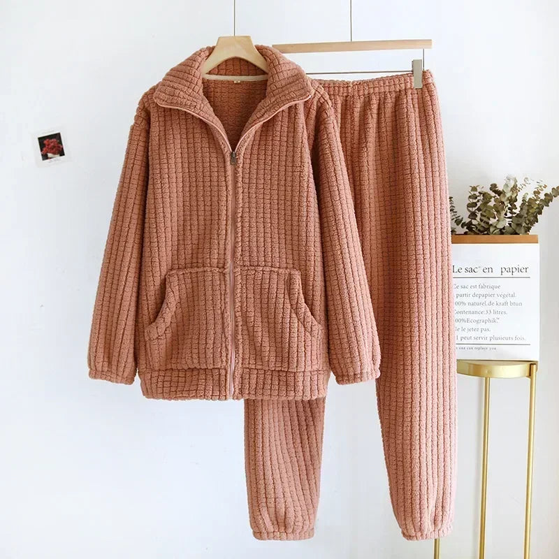 2026 New Autumn/Winter Pajama Set Couple Flannel Long Sleeve Pants Two Piece Coral Fleece Home Fur for Men and Women