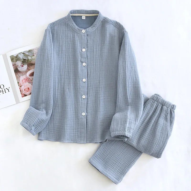 2026 Spring and Autumn New Couple Pajama Set 100% Pure Cotton Crepe Cloth Men's and Women's Stand up Neck Simple Home Clothing