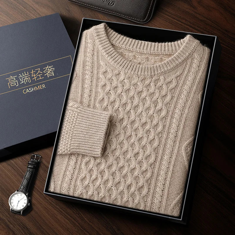 Men's 100% Cashmere Sweater Round Neck Autumn Winter Warm Clothing Jacquard Checkered Pullover Sweater Knitted Bottom Shirt Tops