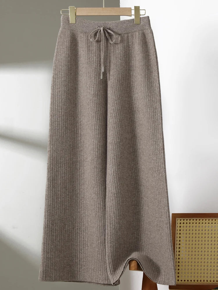 CHICUU Women Thick Wide Leg Pants 100% Merino Wool Knitted Trousers Autumn Winter Striped Jacquard Cashmere Pants Simple Style