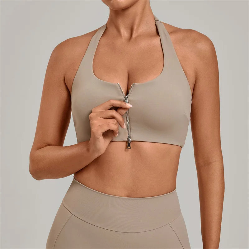 TRY TO BN Yoga Sports Bra Women's Zipper Halter Neck Naked Feeling Backless Underwear Fitness Tops Workout Running Gym Clothing