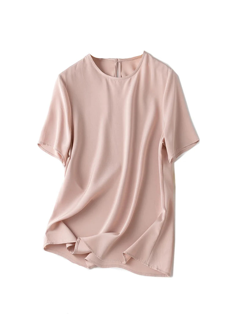 SuyaDream Women T Shirt 22mm Real Silk O Neck Short Sleeves Summer Tee 2025 New Chic Tops Pink Purple