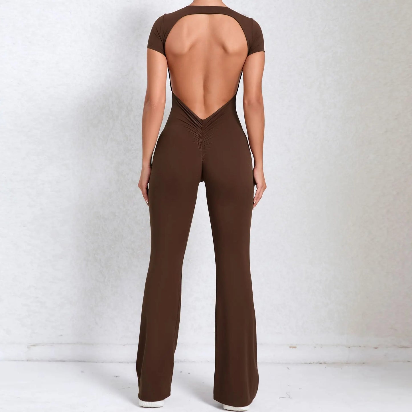 Women's Tracksuit Yoga Set Backless Jumpsuits Back V One Piece Fitness Rompers Short Sleeves Sportswear Gym Set Workout Clothes