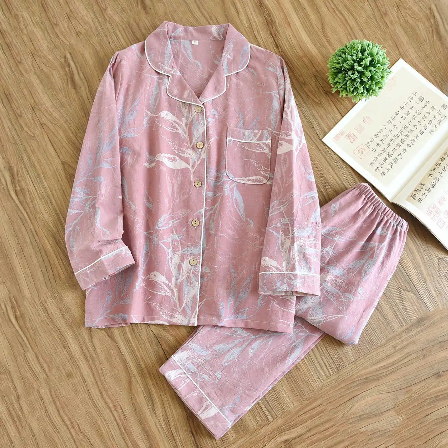 2026 new spring and summer women's pajamas suit long-sleeved trousers two-piece 100% cotton crepe flower leaves home clothes