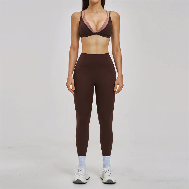 TRY TO BN Women's Color Block Yoga Sets Fake Two-Piece Sports Bra High Waisted Leggings Breathable Fitness Workout Gym Tracksuit