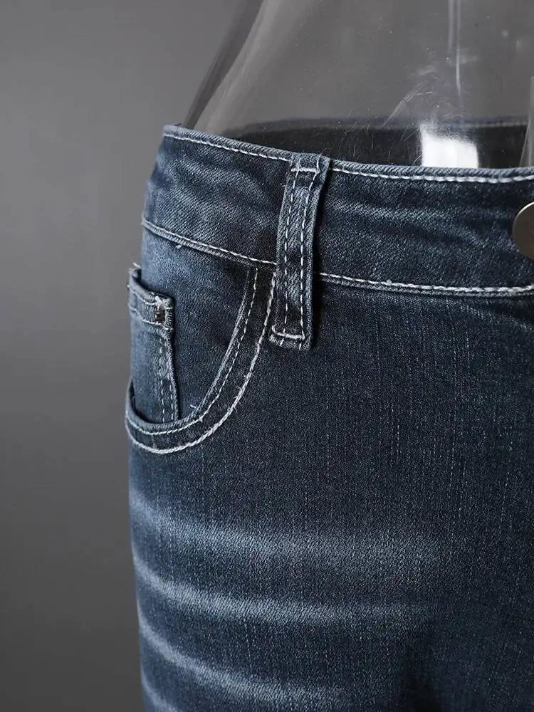 DEAT Fashion Flared Denim Jeans Women's Mid Rise Whiskered Wash Dark Blue Bootcut Jeans Summer New
