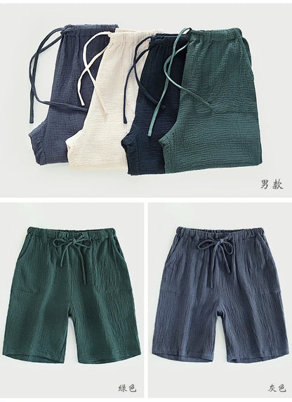 Spring and summer men's new style 100% cotton crepe shorts casual couple pajamas men and women solid color plus size home pants