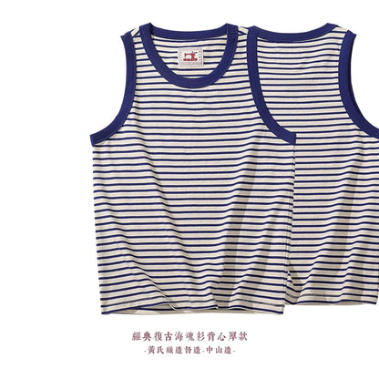 Akkad Kuti Japanese Retro Casual Tank Top Men Heavyweight 100% Cotton Blue White Striped Vest Male Loose Tops Summer New 2021