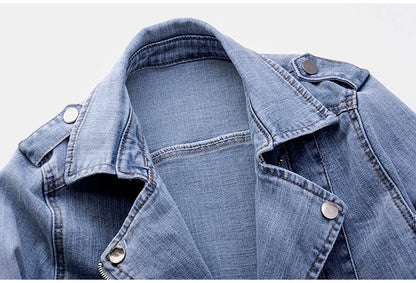 Short Zipper Stretch Denim Jacket Women Slim Vintage Spring Autumn Lady Long-sleeved Motorcycle Coat Casual Female Jean Outwear