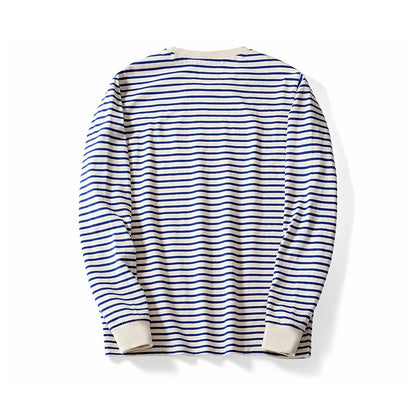 Autumn New Heavy Weight Long Sleeve Tshirt Men Cotton Round Neck Stripe Knited T Shirt Men Retro Casual Streetwear Tops Oversize