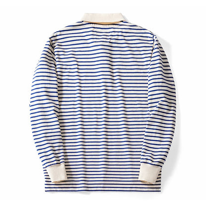 Autumn New Long Sleeve Polo Shirt Men Japanese Retro Loose Combed Cotton Striped Shirts Casual Streetwear Lapel Tops Oversize
