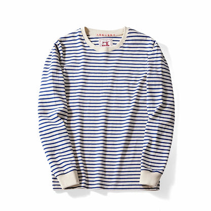 Autumn New Heavy Weight Long Sleeve Tshirt Men Cotton Round Neck Stripe Knited T Shirt Men Retro Casual Streetwear Tops Oversize