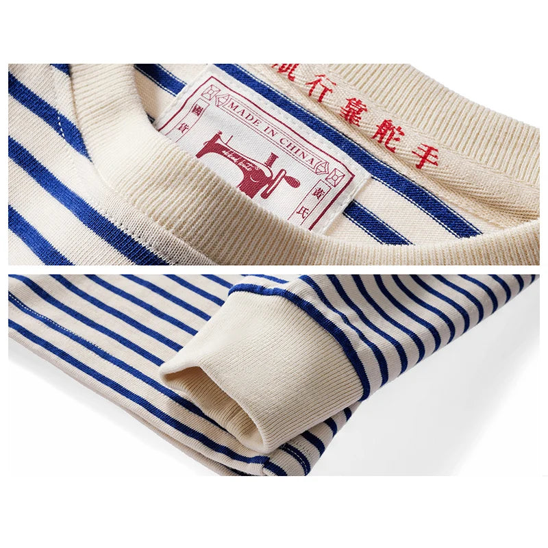 Autumn New Heavy Weight Long Sleeve Tshirt Men Cotton Round Neck Stripe Knited T Shirt Men Retro Casual Streetwear Tops Oversize